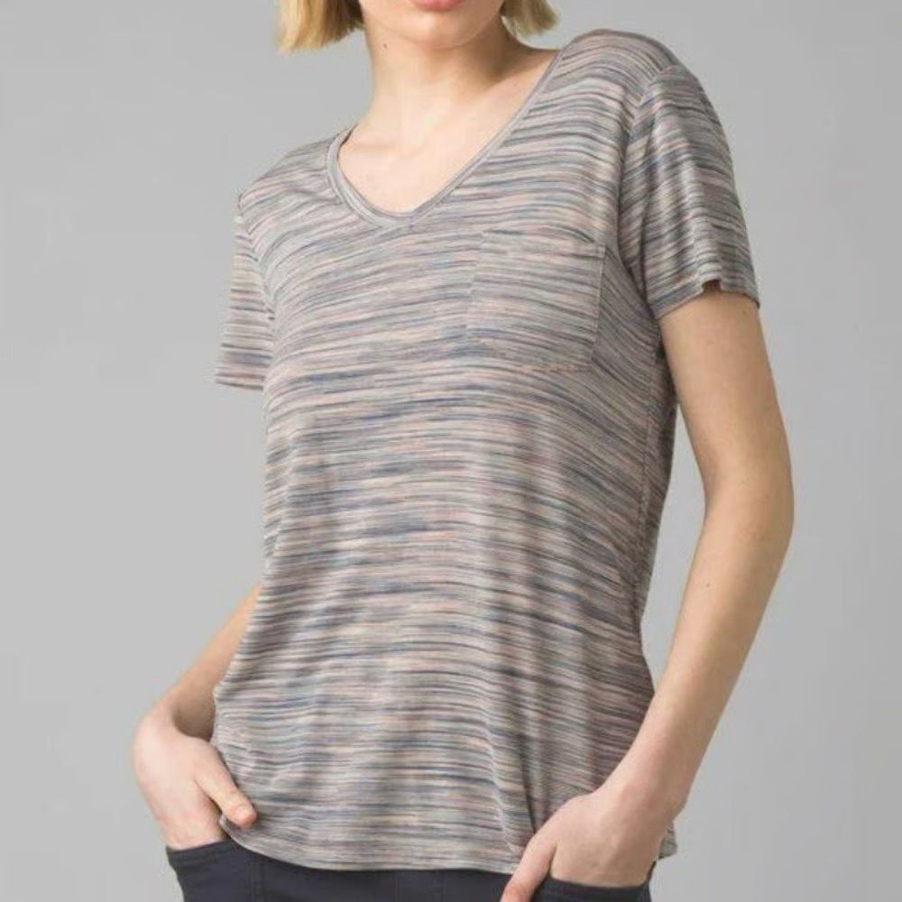 prAna Women’s Medium Foundation Frost Striped Short Sleeve Round V-Neck Top